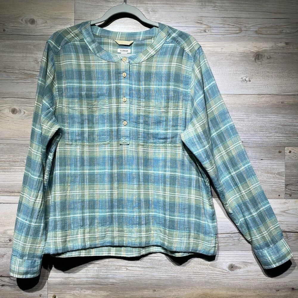 LL Bean Day Breeze Plaid Long Sleeve Popover Shirt Medium Lightweight Country